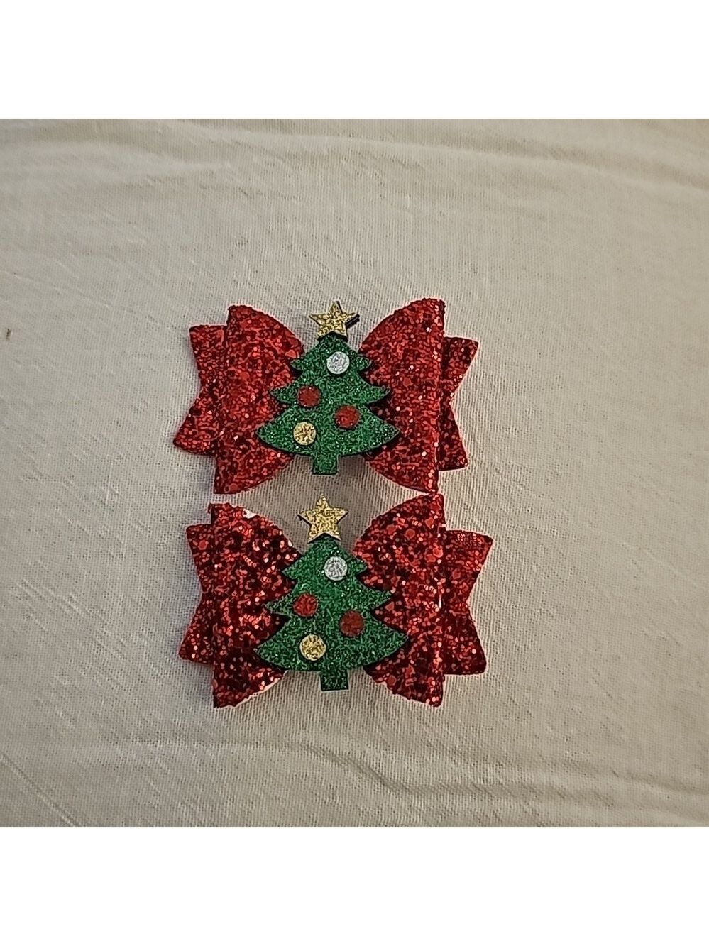 Christmas hair bow pair red bow with a green christmas tree